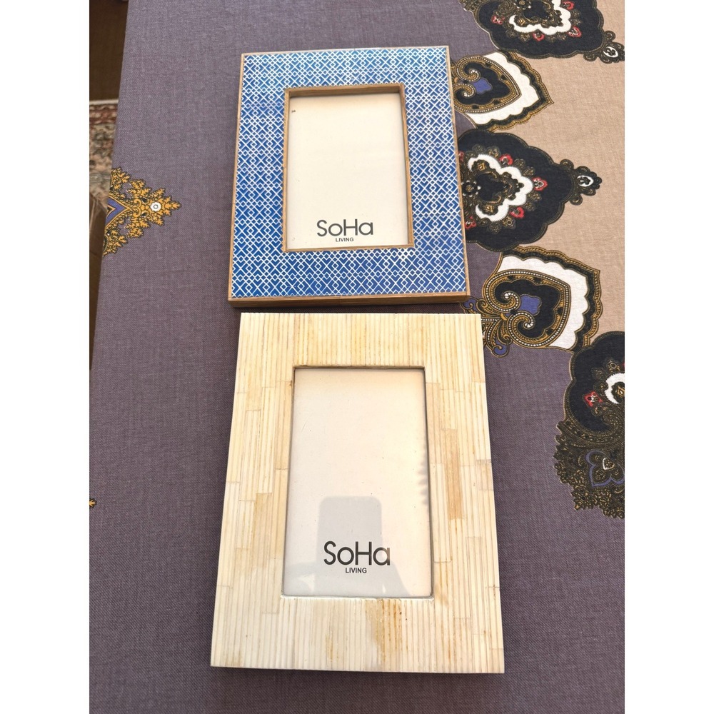 SoHa Living 4x6 Photo Frame Set Blue Ikat Geometric and Natural Bone Inlay Style